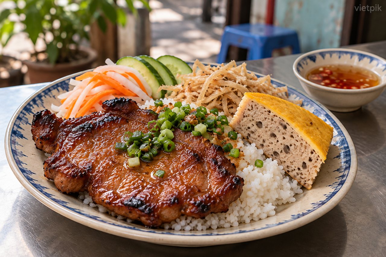 Saigon-style broken rice with pork and accompaniments