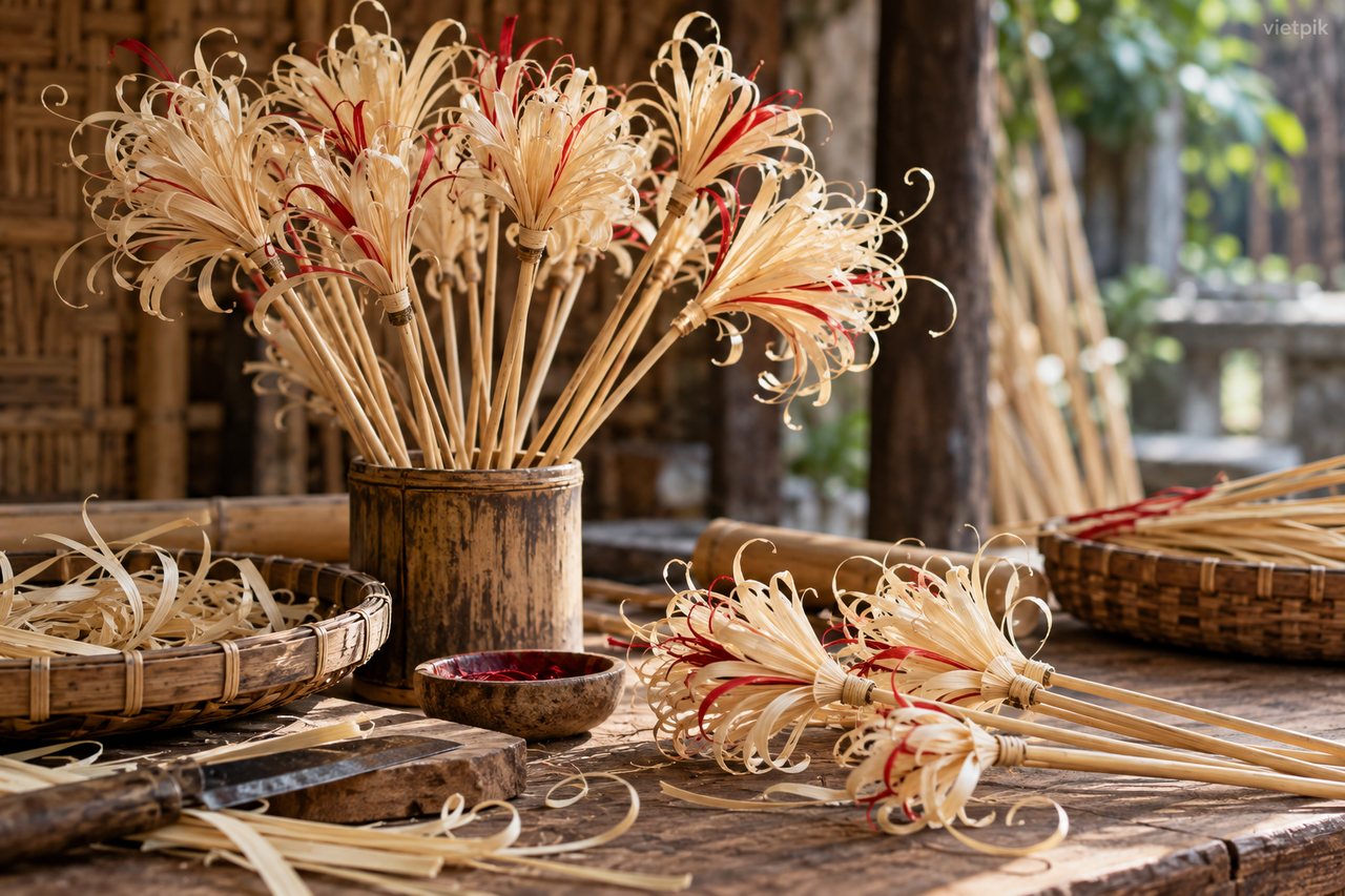 Conceptual bamboo flowers on a wooden table