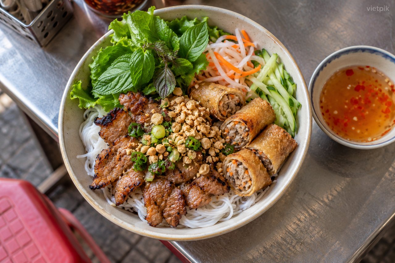 A bún thịt nướng meal with separate dressing