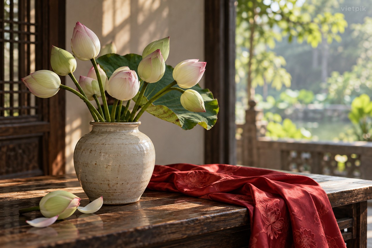 Lotus buds and folded red silk on a wooden table