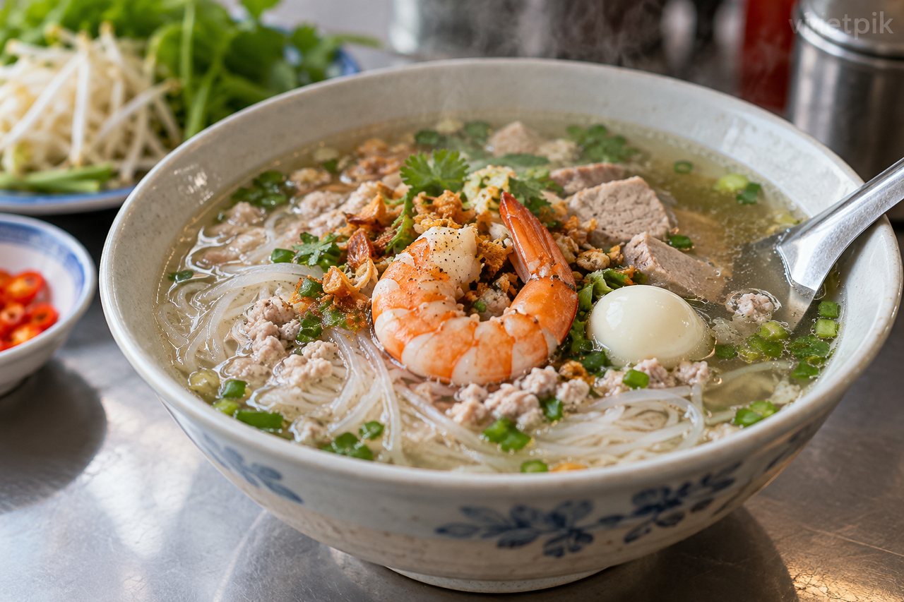 A close view of hủ tiếu noodles and toppings