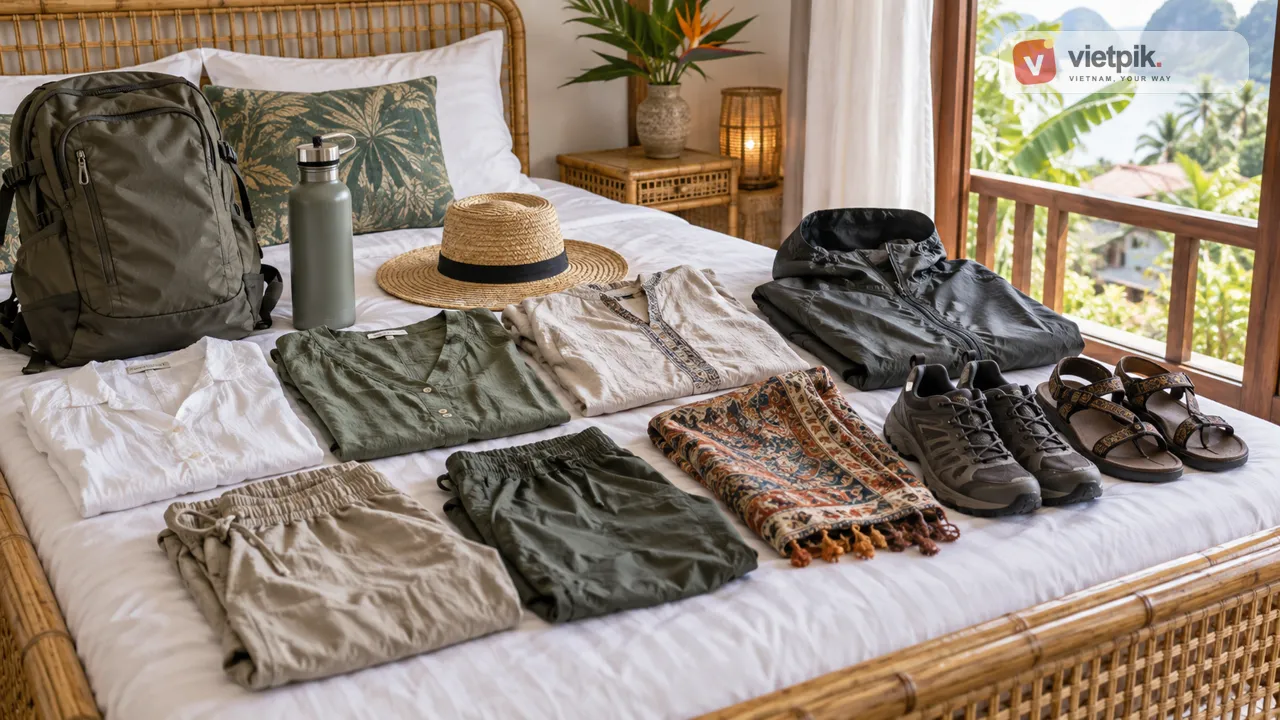 Breathable clothes, rain shell, sandals and day bag laid out for Vietnam
