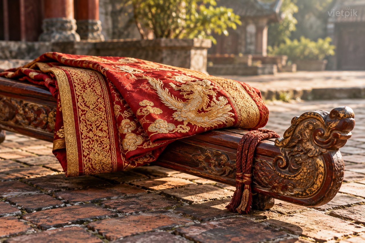 Illustrative ceremonial textile and carved wooden detail