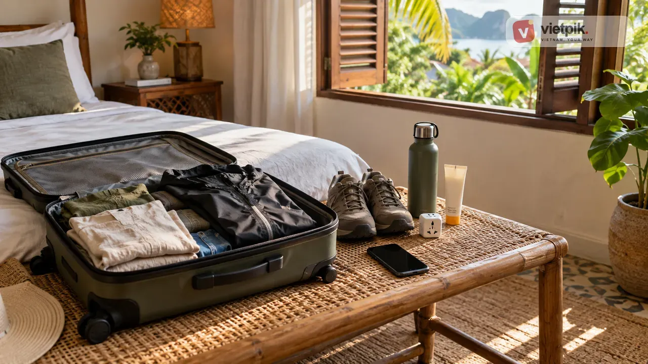 Light suitcase packed with practical clothing, rain layer, walking shoes and travel essentials for Vietnam
