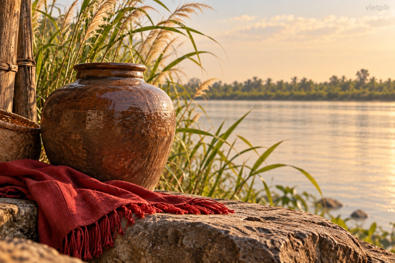 Ceramic jar, cloth and reeds beside calm water