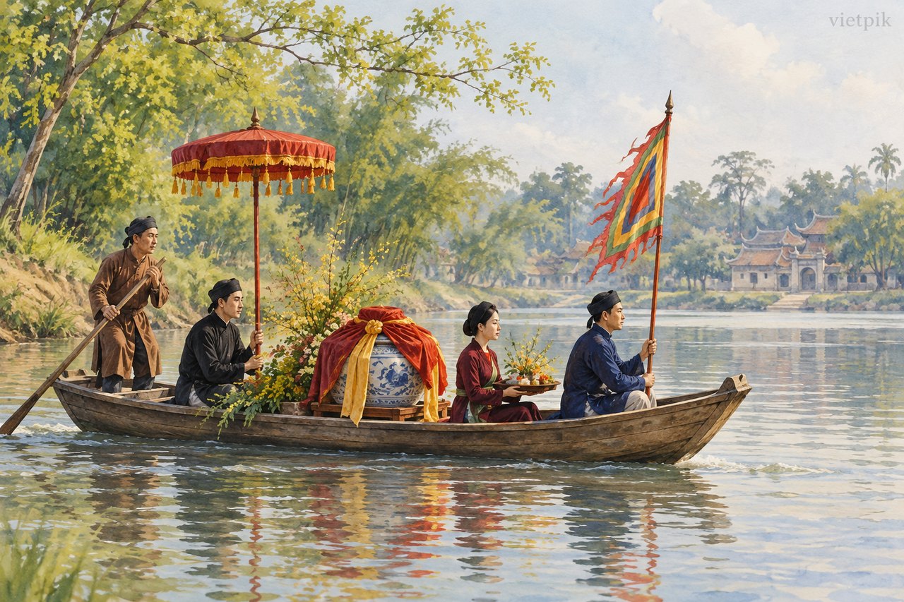 Illustrated river procession with a ceremonial water jar