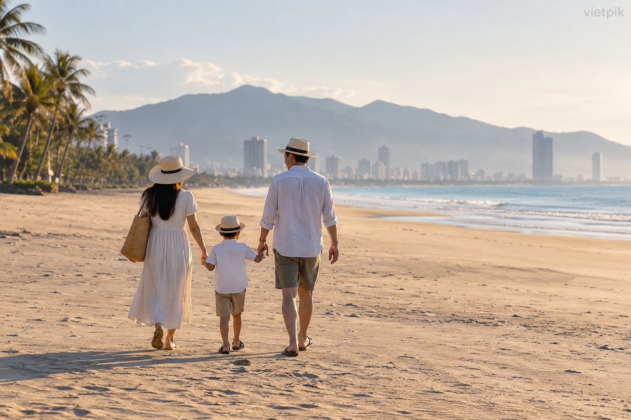 Illustrated family walking on dry beach sand