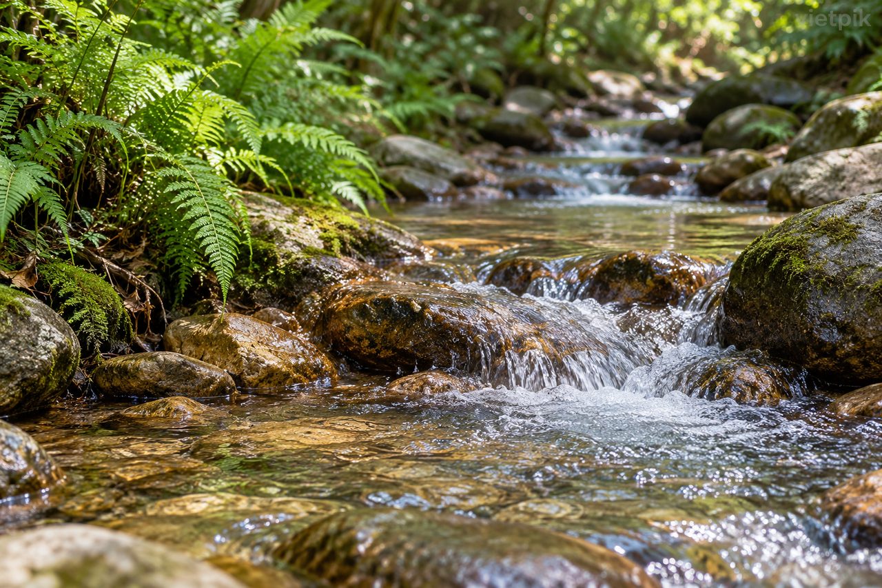 Clear stream water over rocks beside ferns