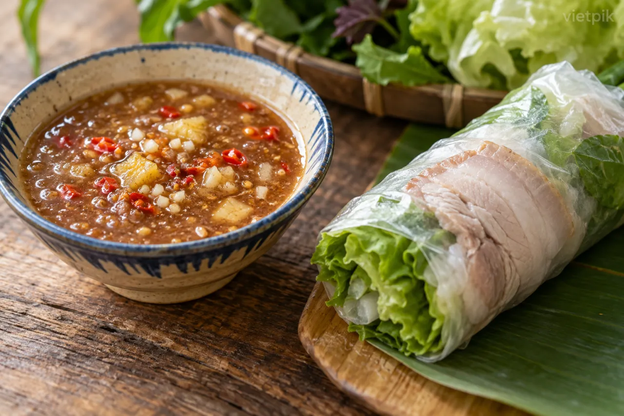 A bowl of mắm nêm beside a freshly assembled pork rice-paper roll