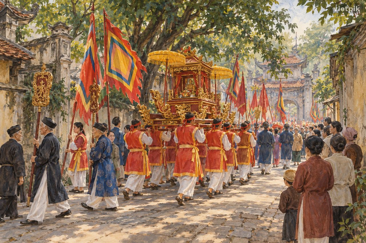 A conceptual pagoda procession turning along a shaded urban lane