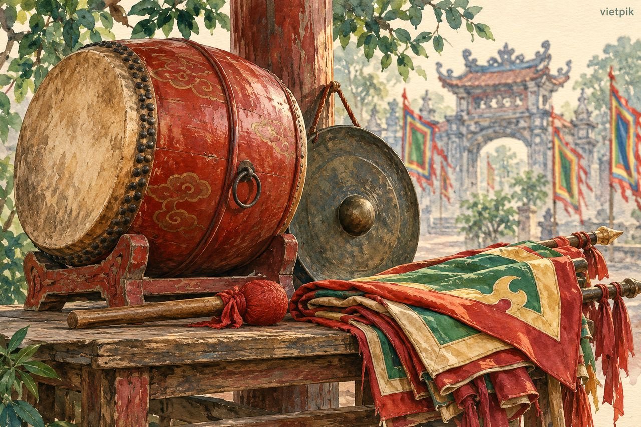 Drum, gong and folded flags evoking festival preparation