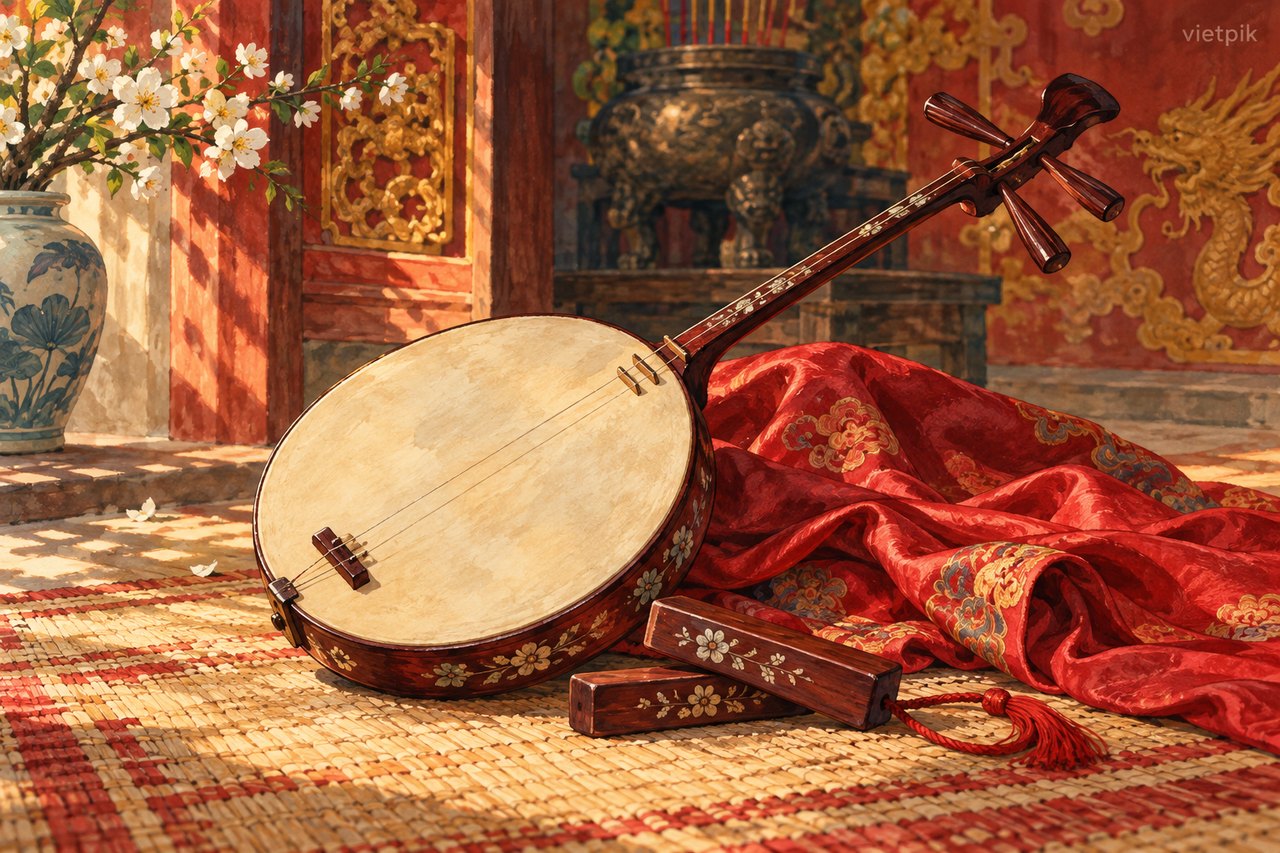 Moon lute and percussion clappers on a woven mat