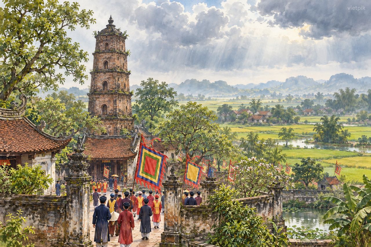 Conceptual village pagoda festival and agricultural landscape