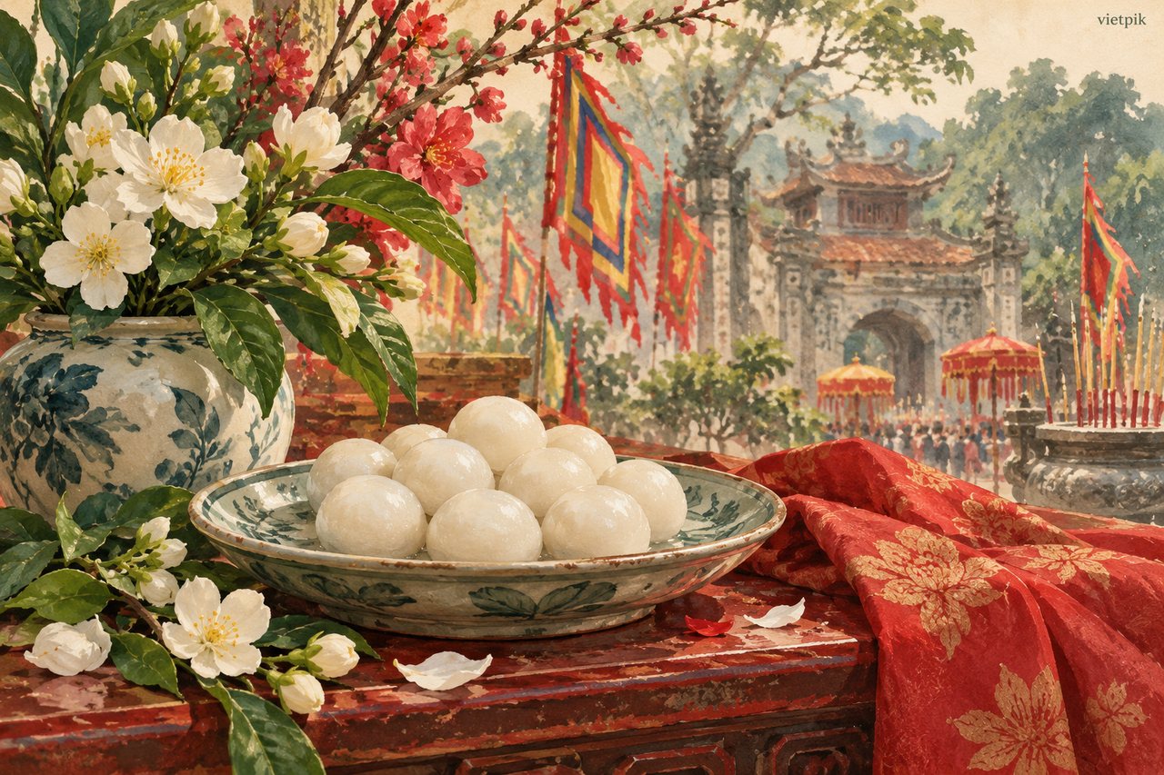 White round rice cakes on an offering plate with flowers
