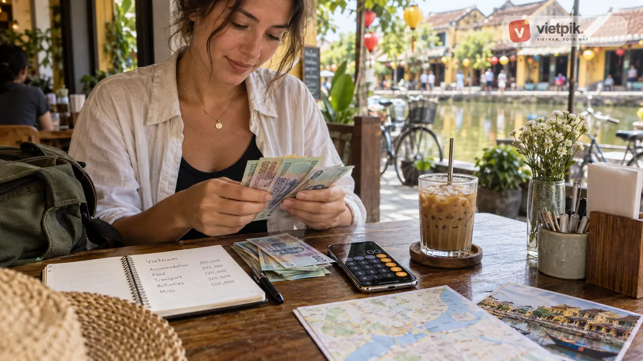 Traveler organizing Vietnamese cash with a notebook and calculator