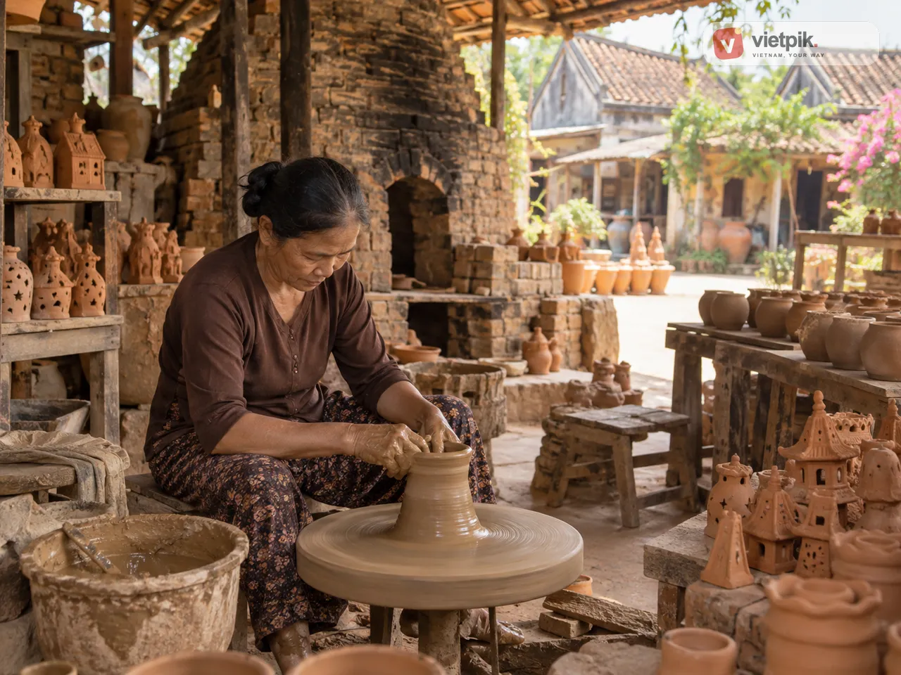 A craftsperson shaping clay in a workshop at Thanh Hà pottery village
