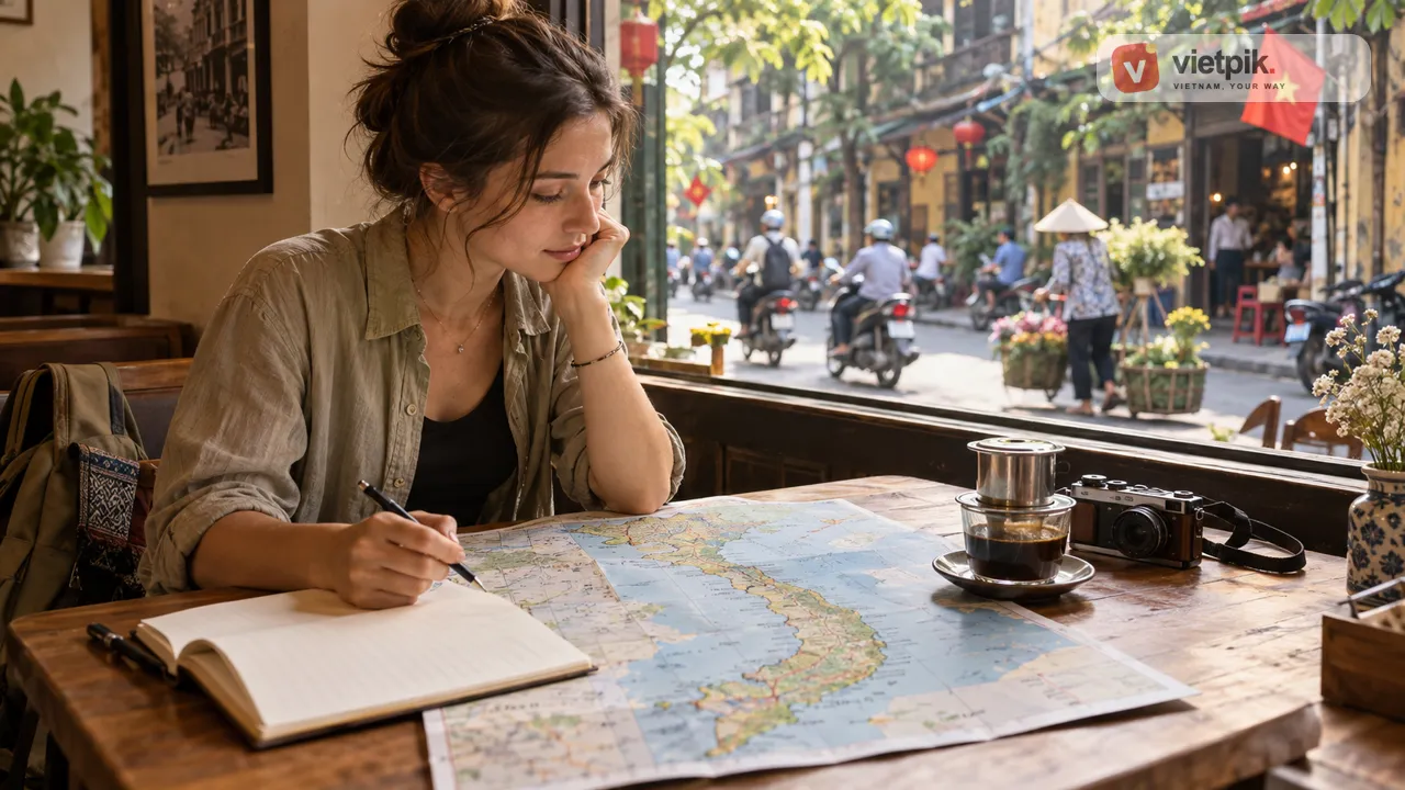 Traveler comparing regions on a paper map of Vietnam