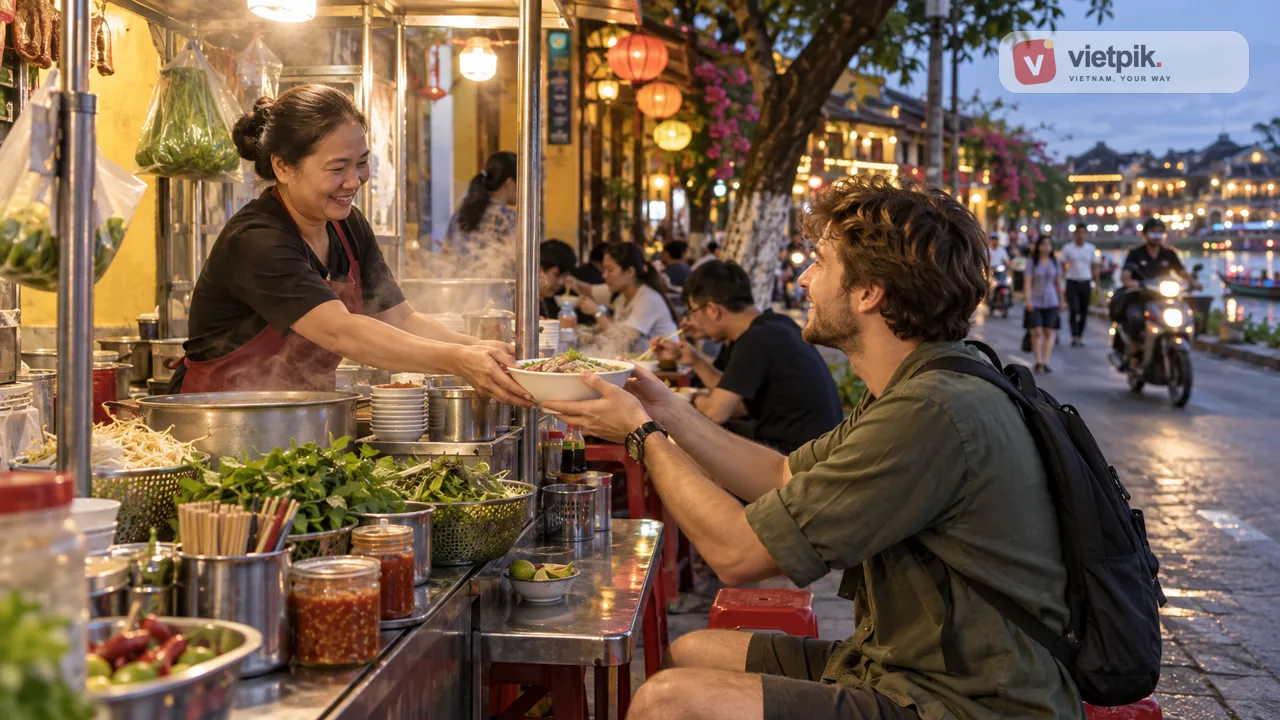 Vietnamese street-food stall serving a traveler in the evening