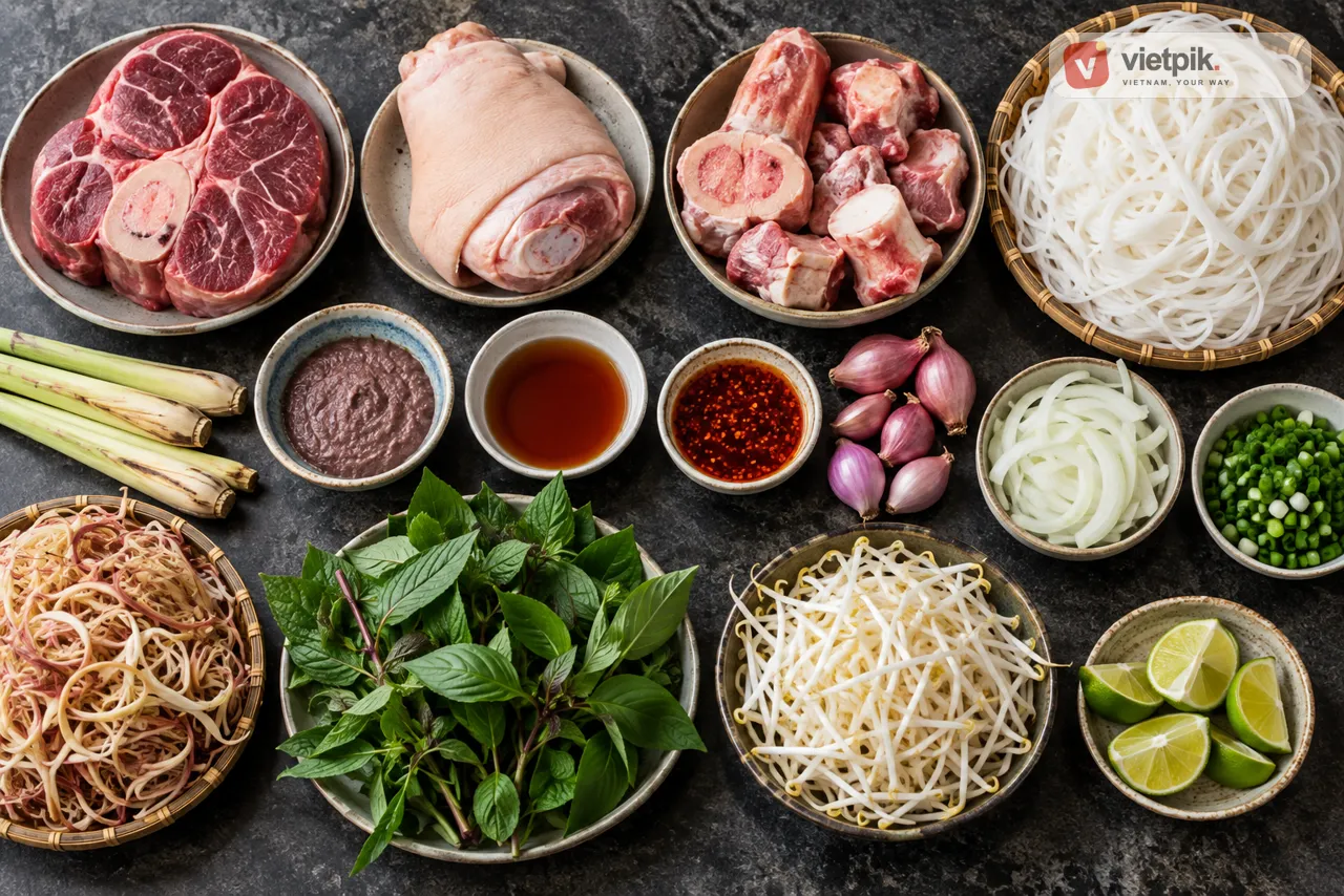 Ingredients for Bún bò Huế including thick rice noodles, beef shank, pork hock, bones, lemongrass, shrimp paste, chilli oil and herbs