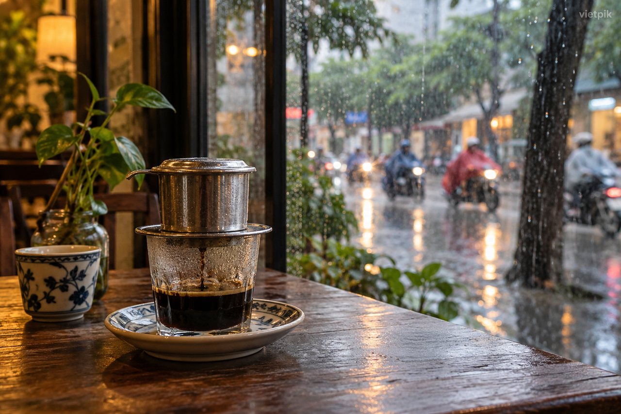 Coffee at a rain-covered café window