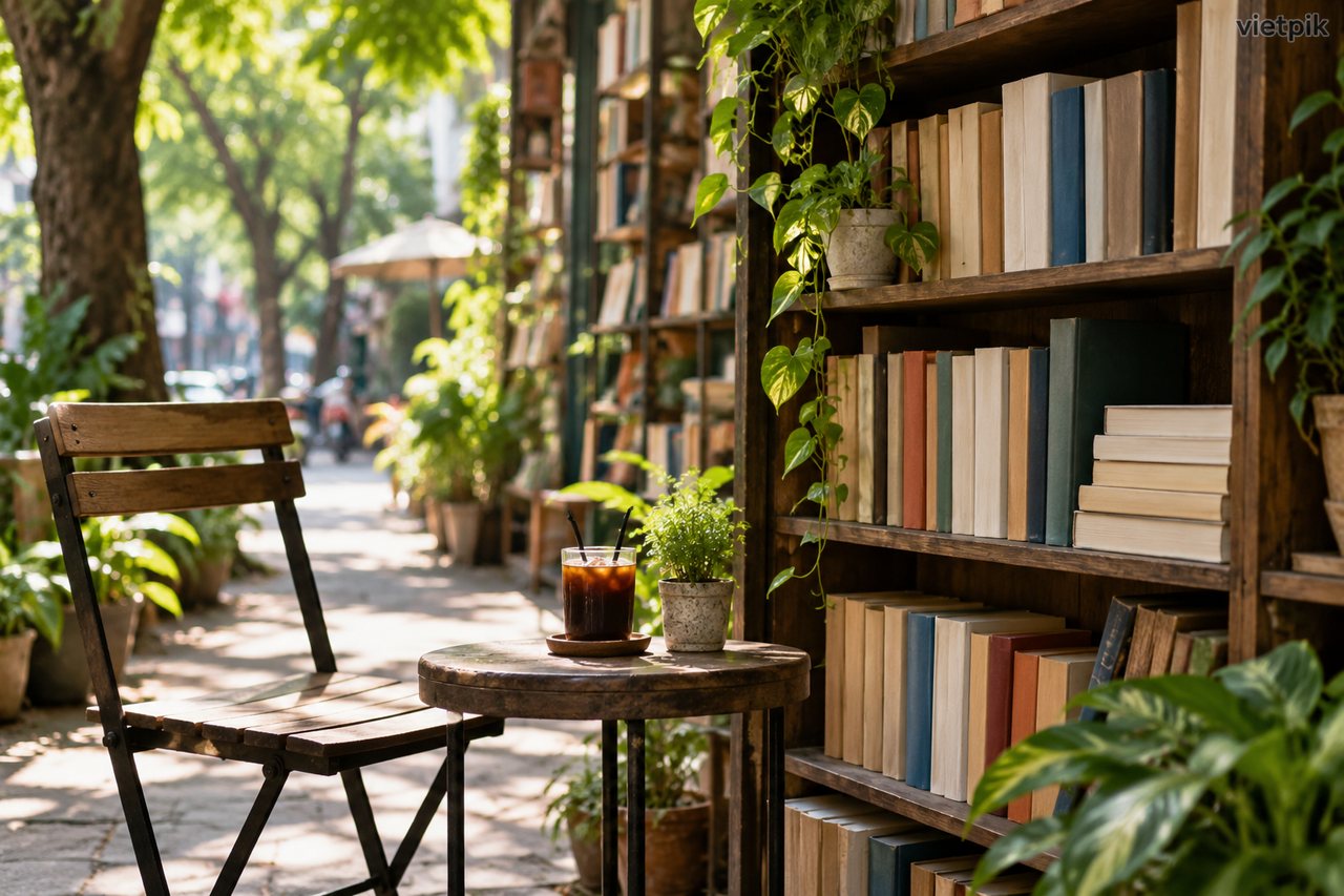 An imagined bookshop shelf and reading corner