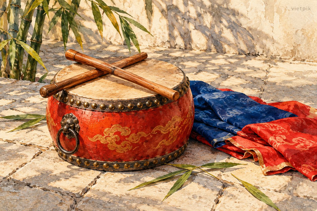 Ceremonial drumsticks and folded cloth on limestone paving