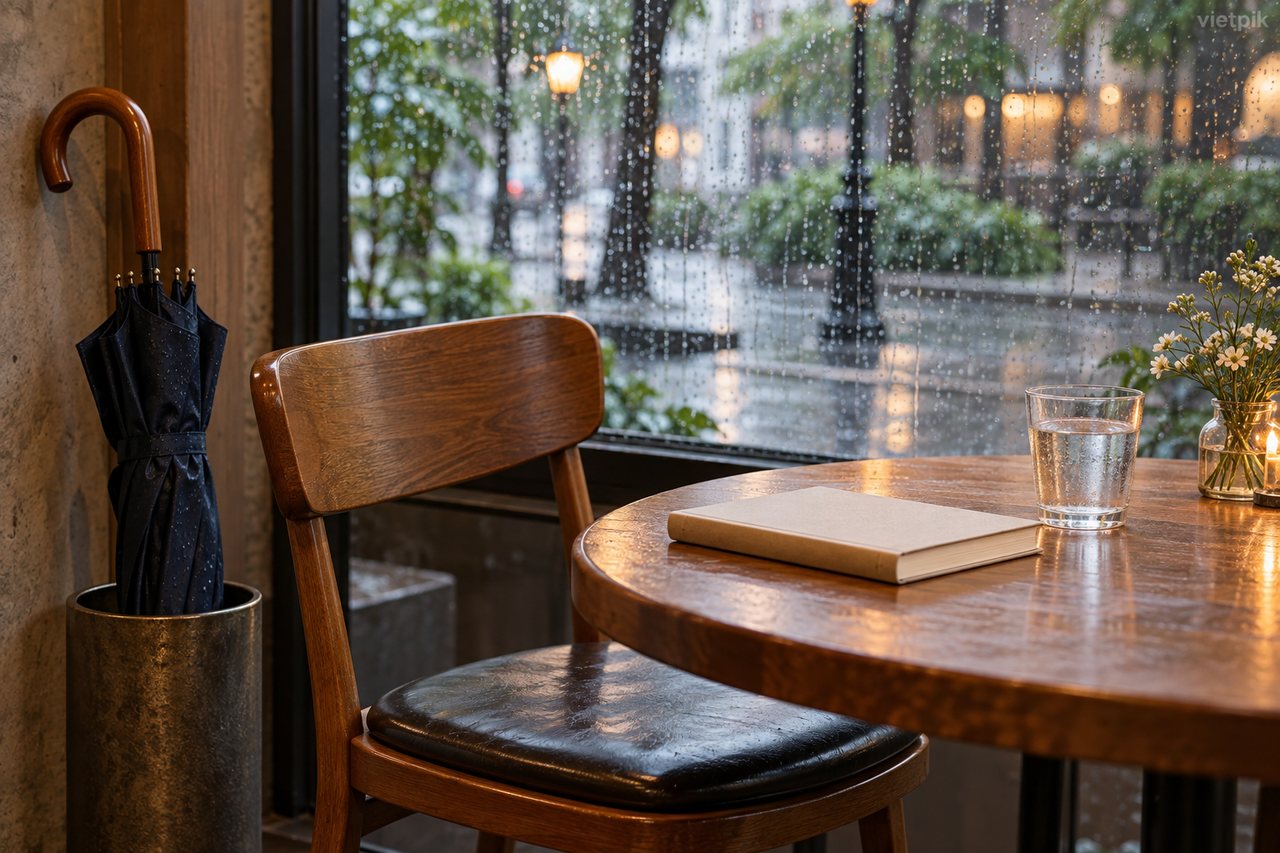 A closed umbrella beside a dry reading table