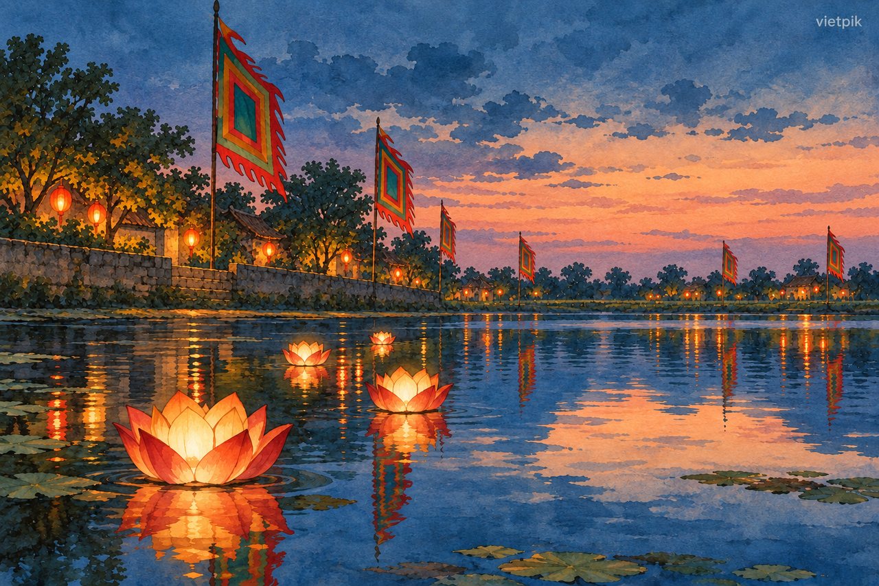 Floating lotus lanterns on still water at dusk