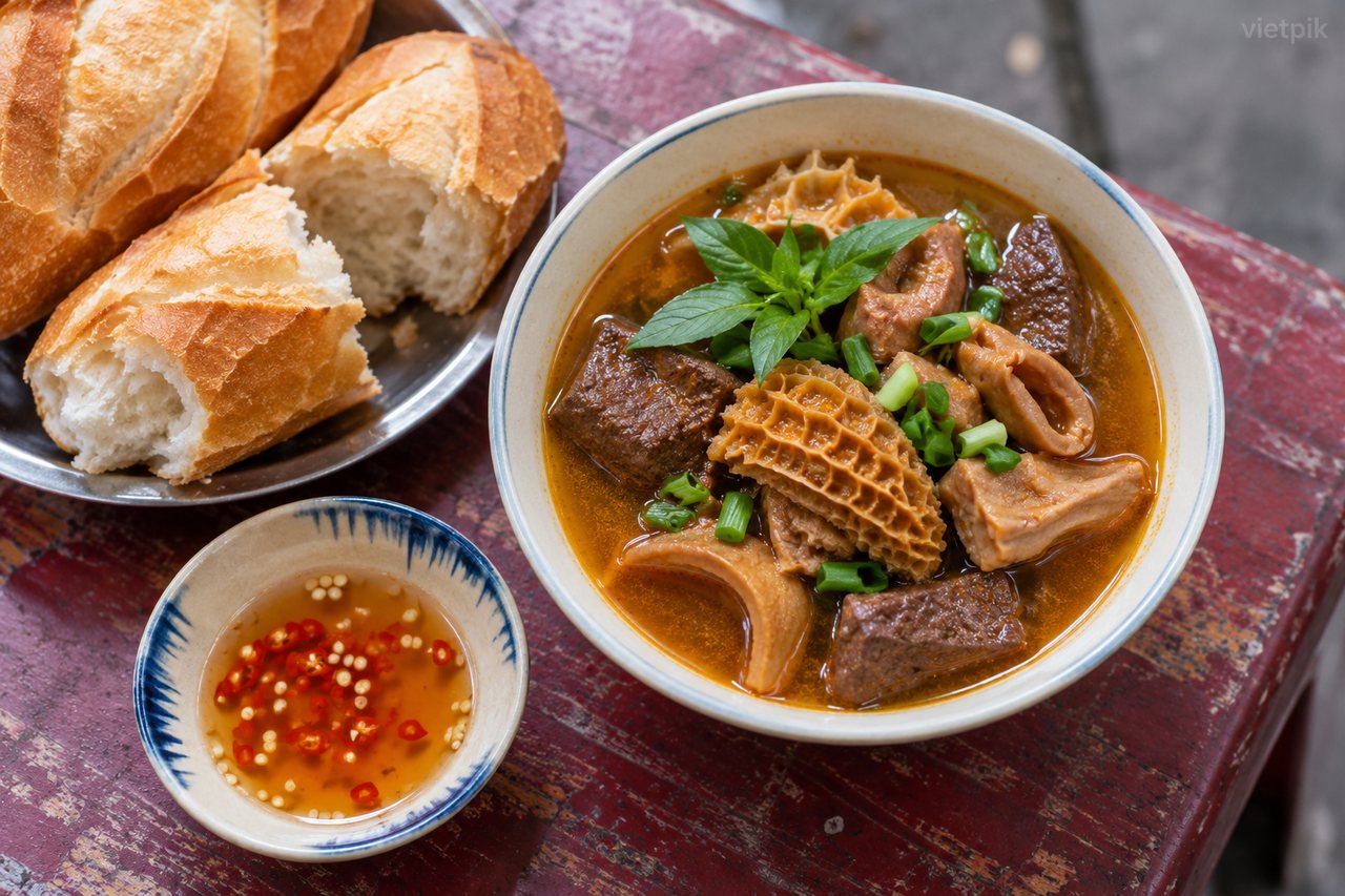 Phá lấu with bread and a dipping sauce