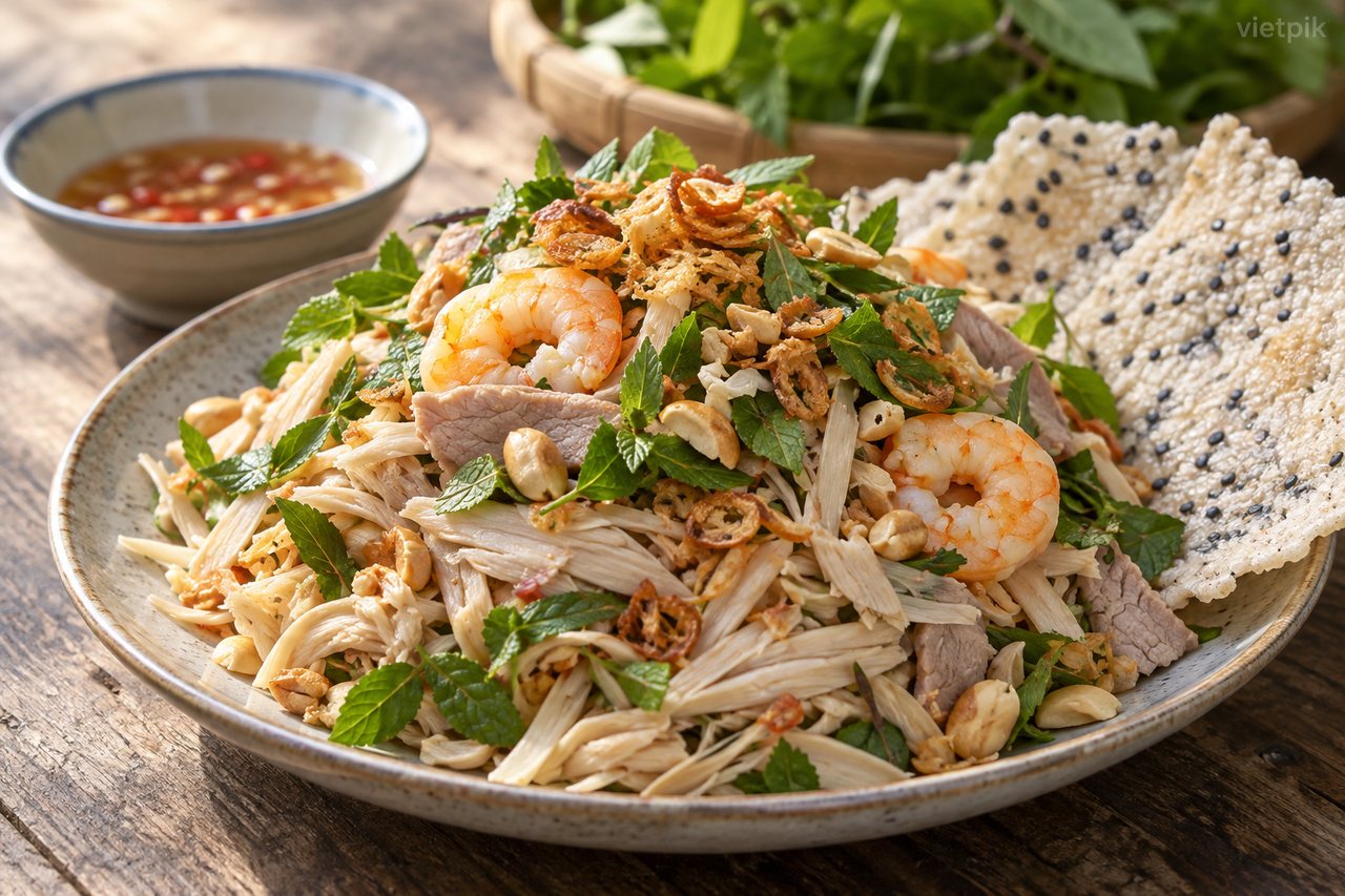 Savoury young-jackfruit salad beside sesame crackers