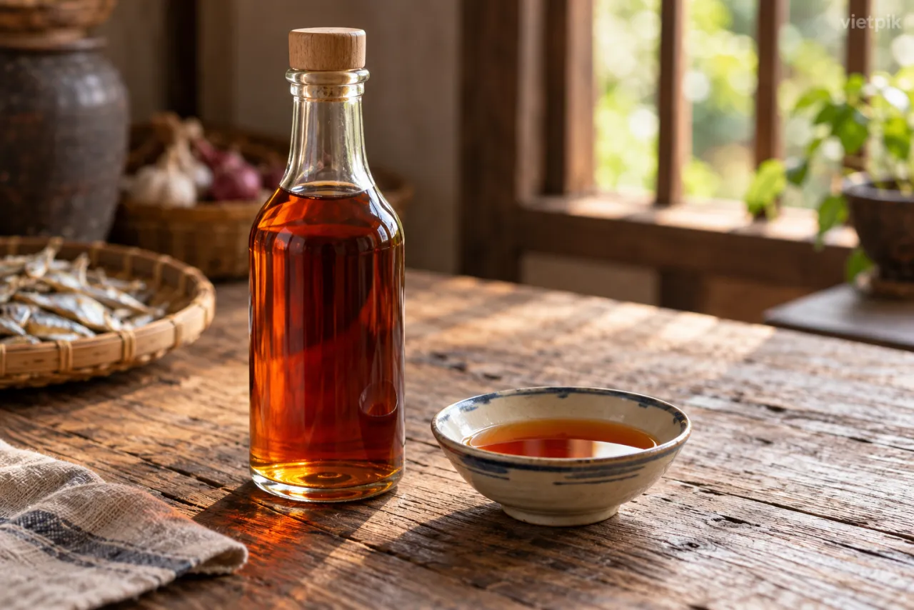 Unlabelled bottle of amber fish sauce beside a small tasting bowl