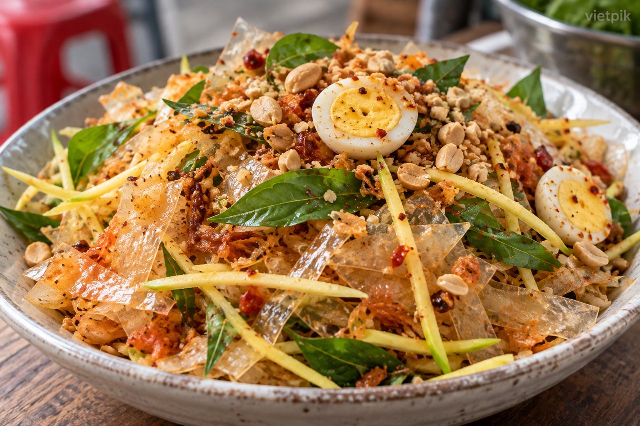 Rice-paper strips and herbs in a mixed snack