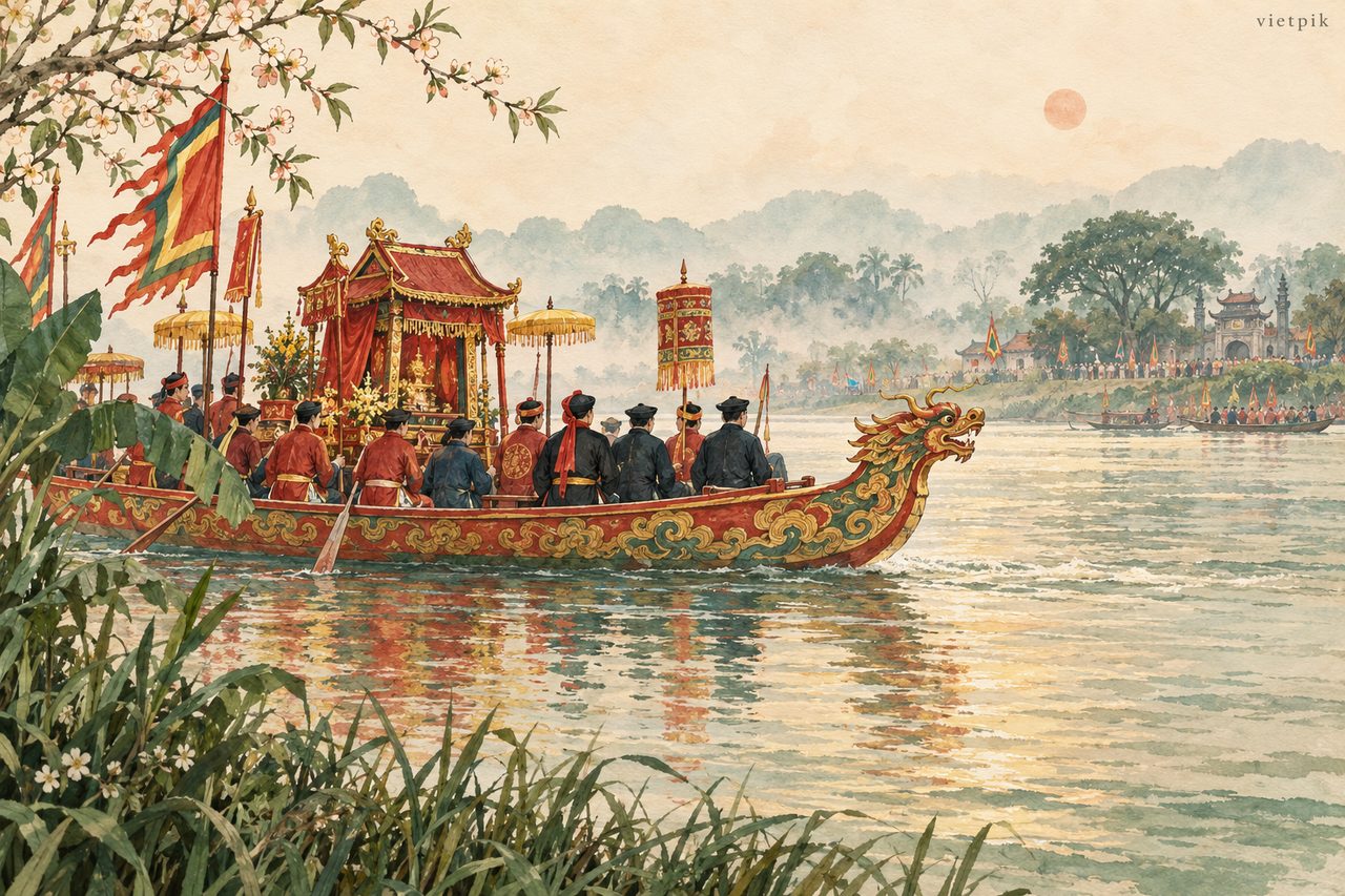 A ceremonial boat evoking a major-edition crossing of the Red River