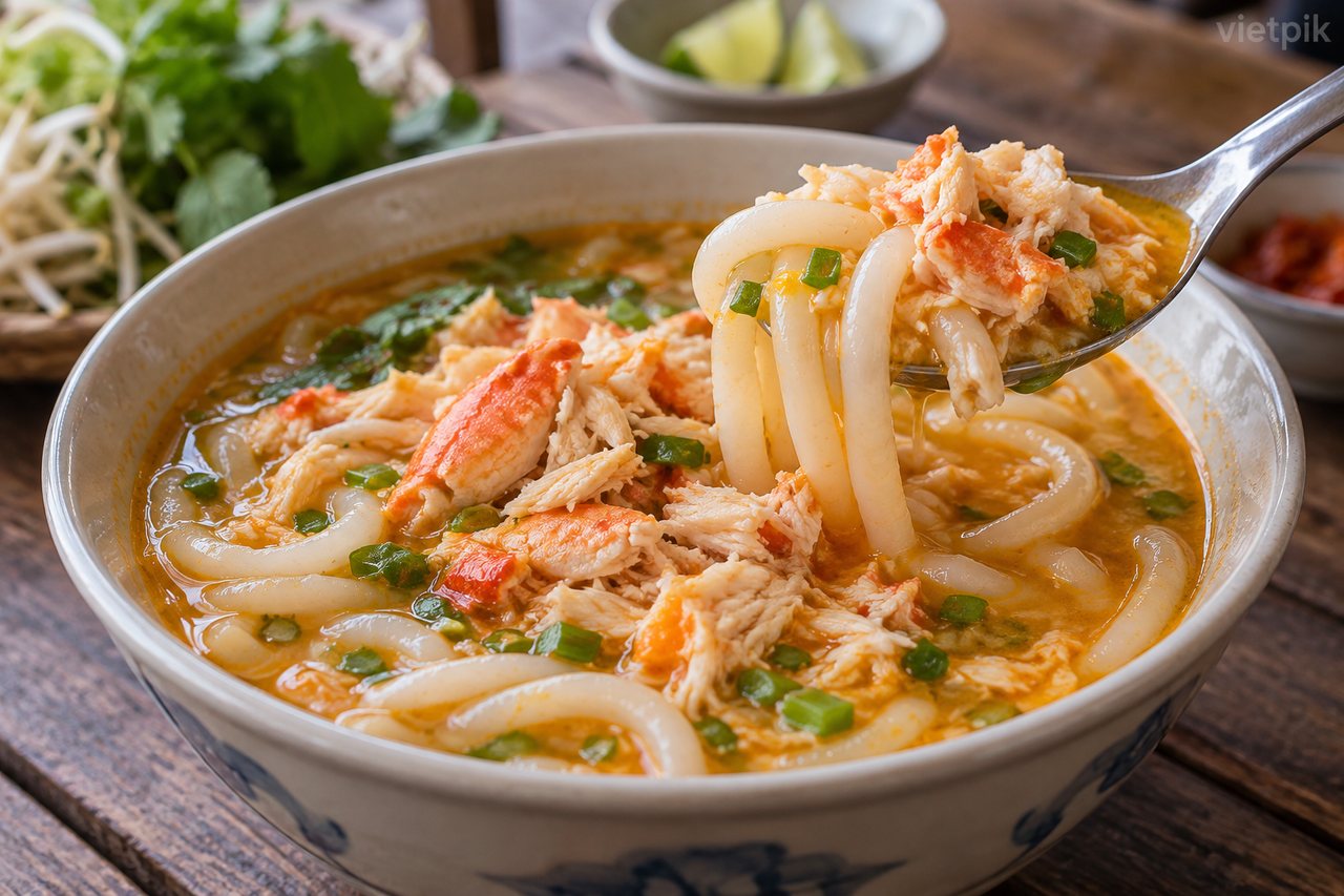 A spoonful of thick noodles and crab