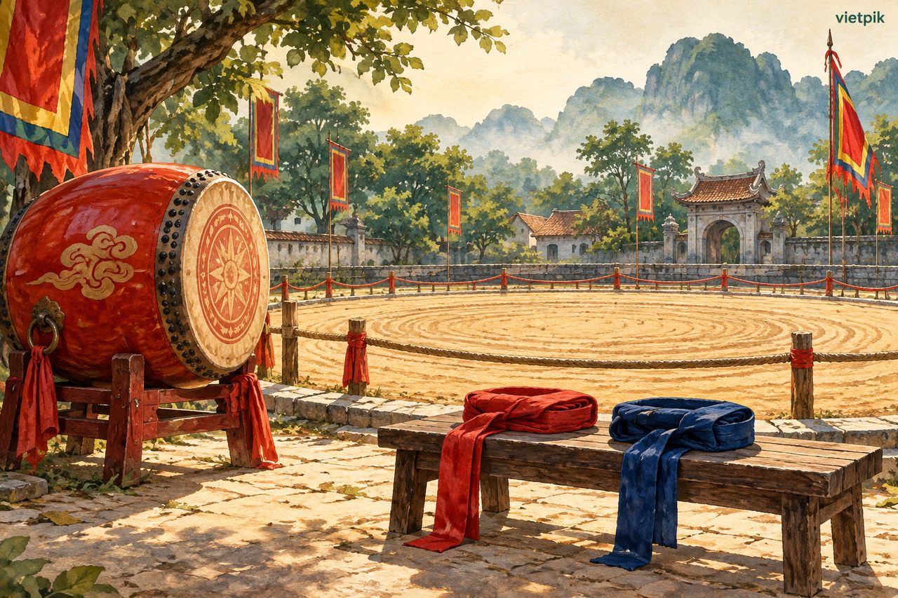 A drum and folded belts beside an empty wrestling arena