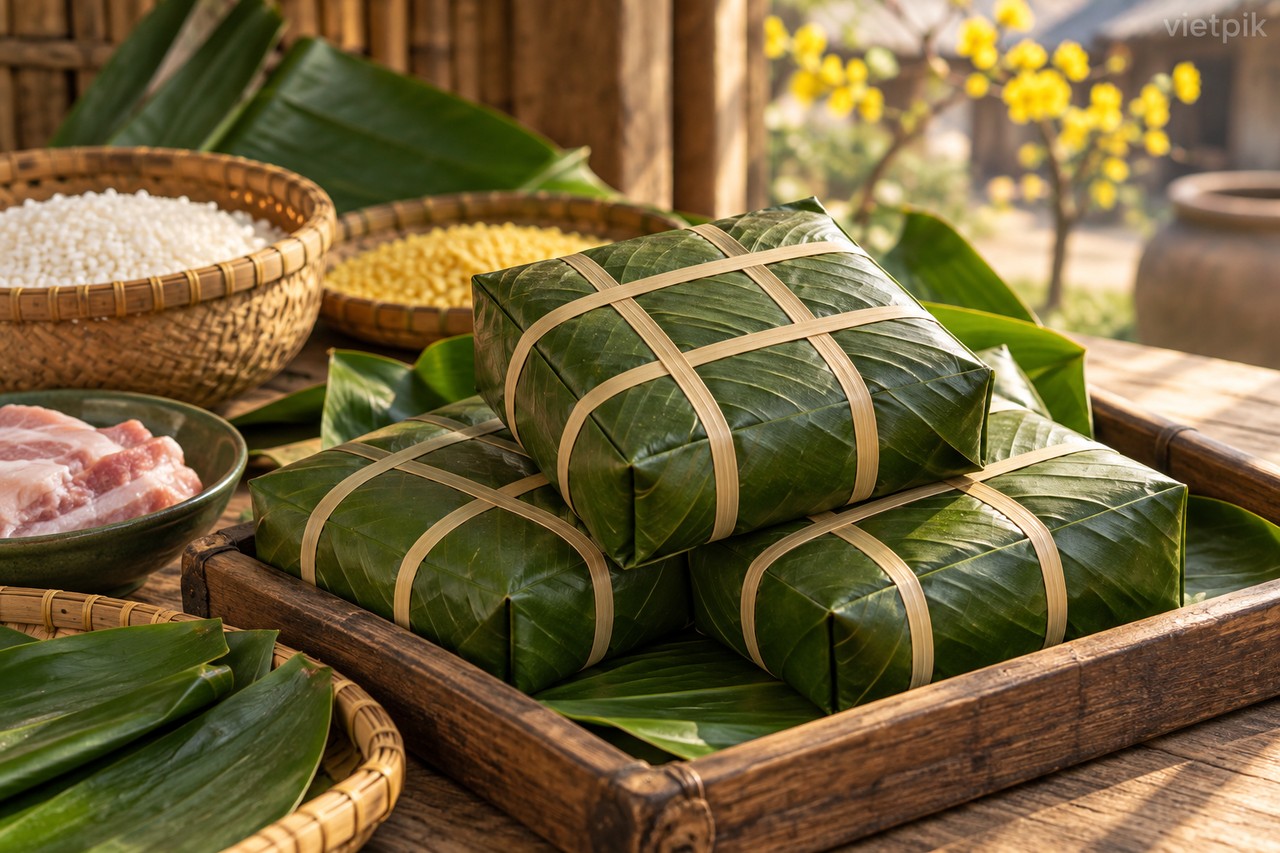 Leaf-wrapped square rice cakes on a wooden tray