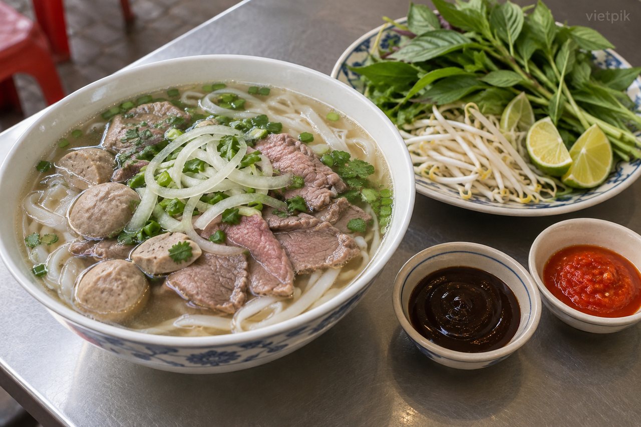 Phở with a separate herb and condiment selection