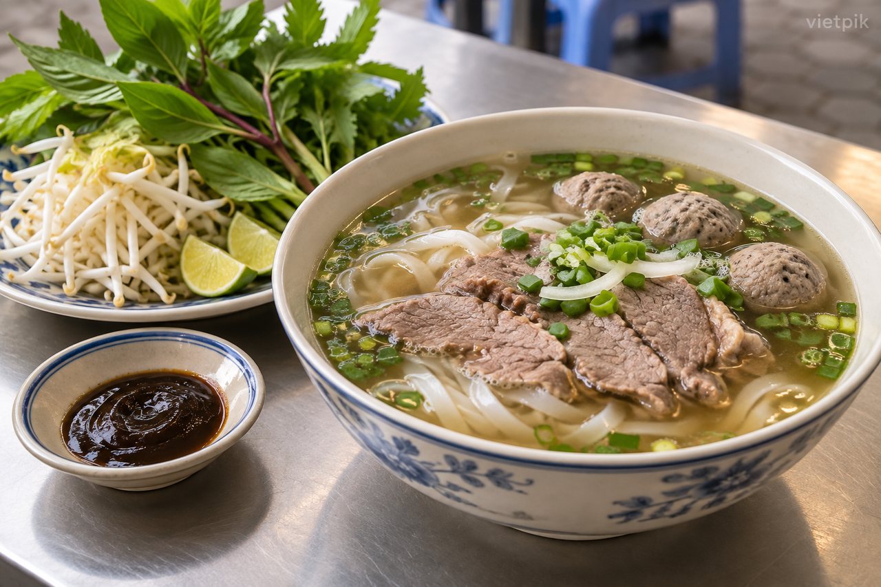 Southern-style beef phở beside herbs and sprouts