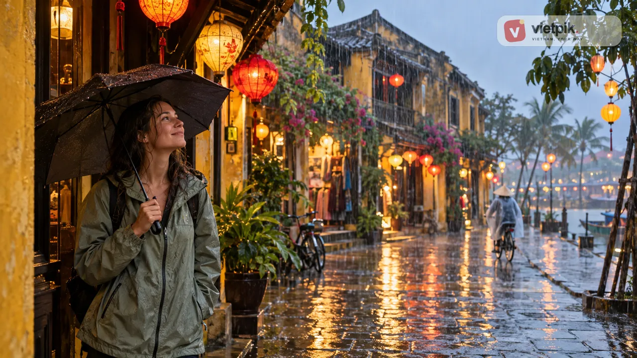Traveler under a Hoi An awning during a tropical rain shower