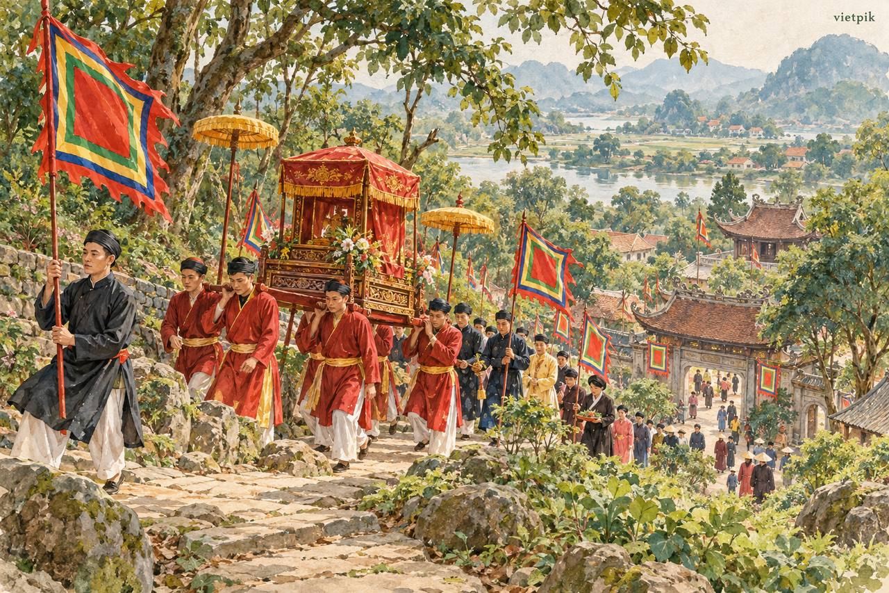 A conceptual pagoda procession on a gentle hillside path
