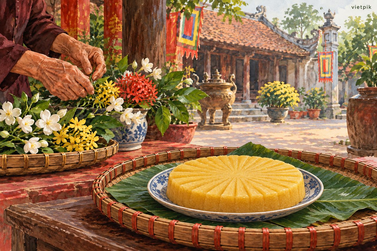 A plate of dense golden mung-bean paste beside flowers