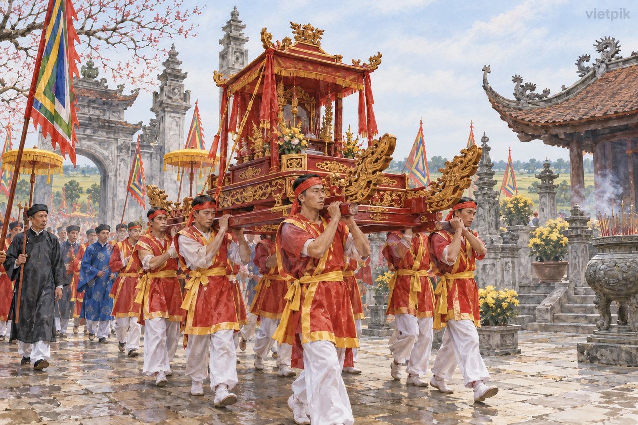 Concept of a village memorial procession carrying a palanquin