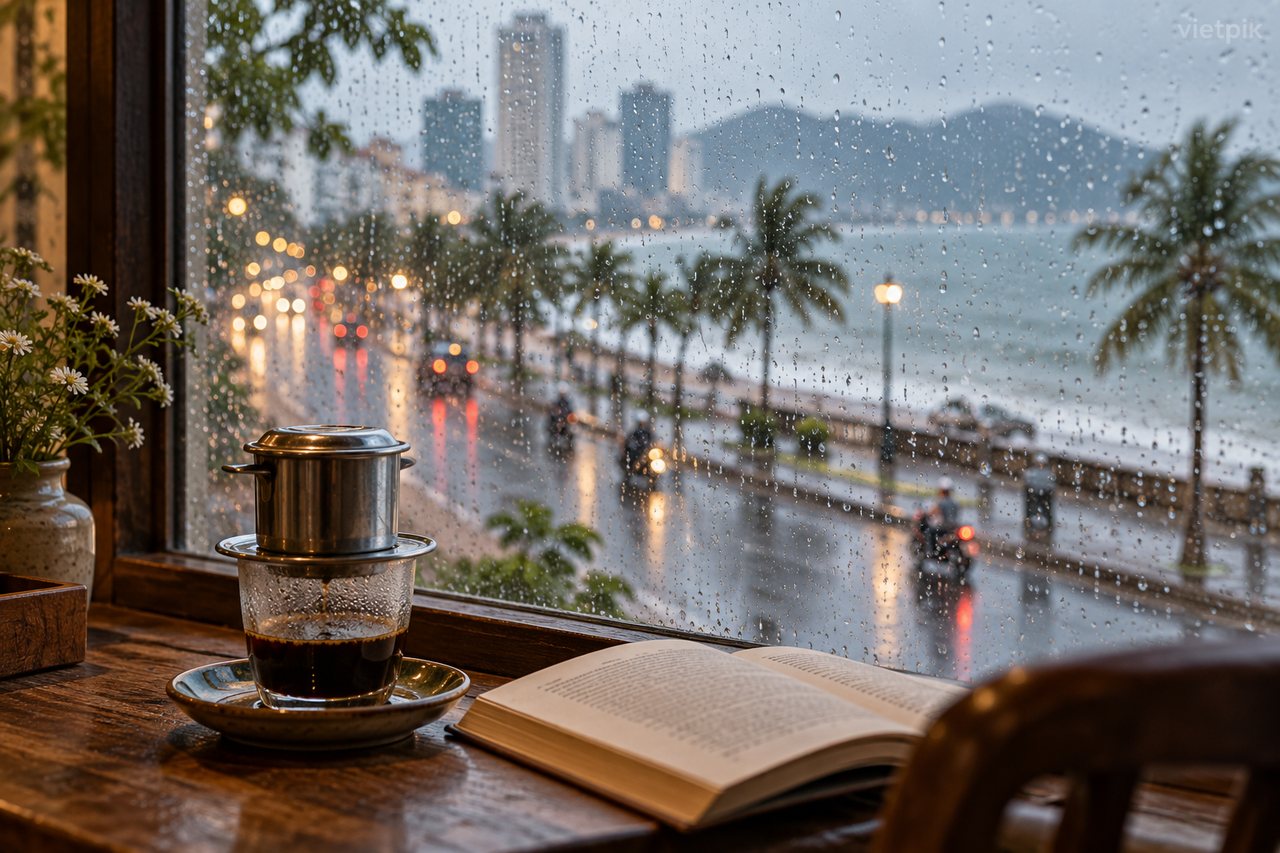Coffee beside a rain-covered cafe window