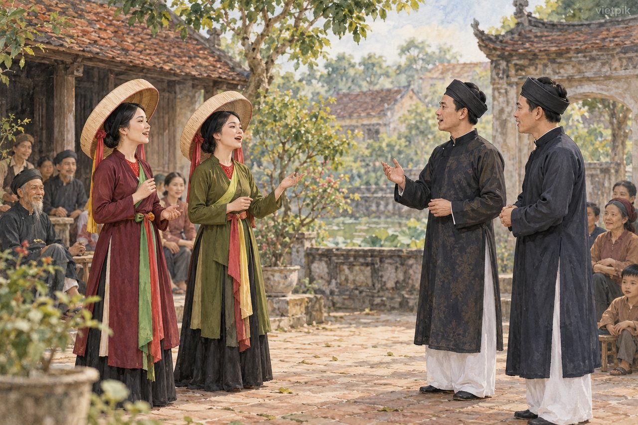Concept of a Quan họ singing exchange in a village courtyard
