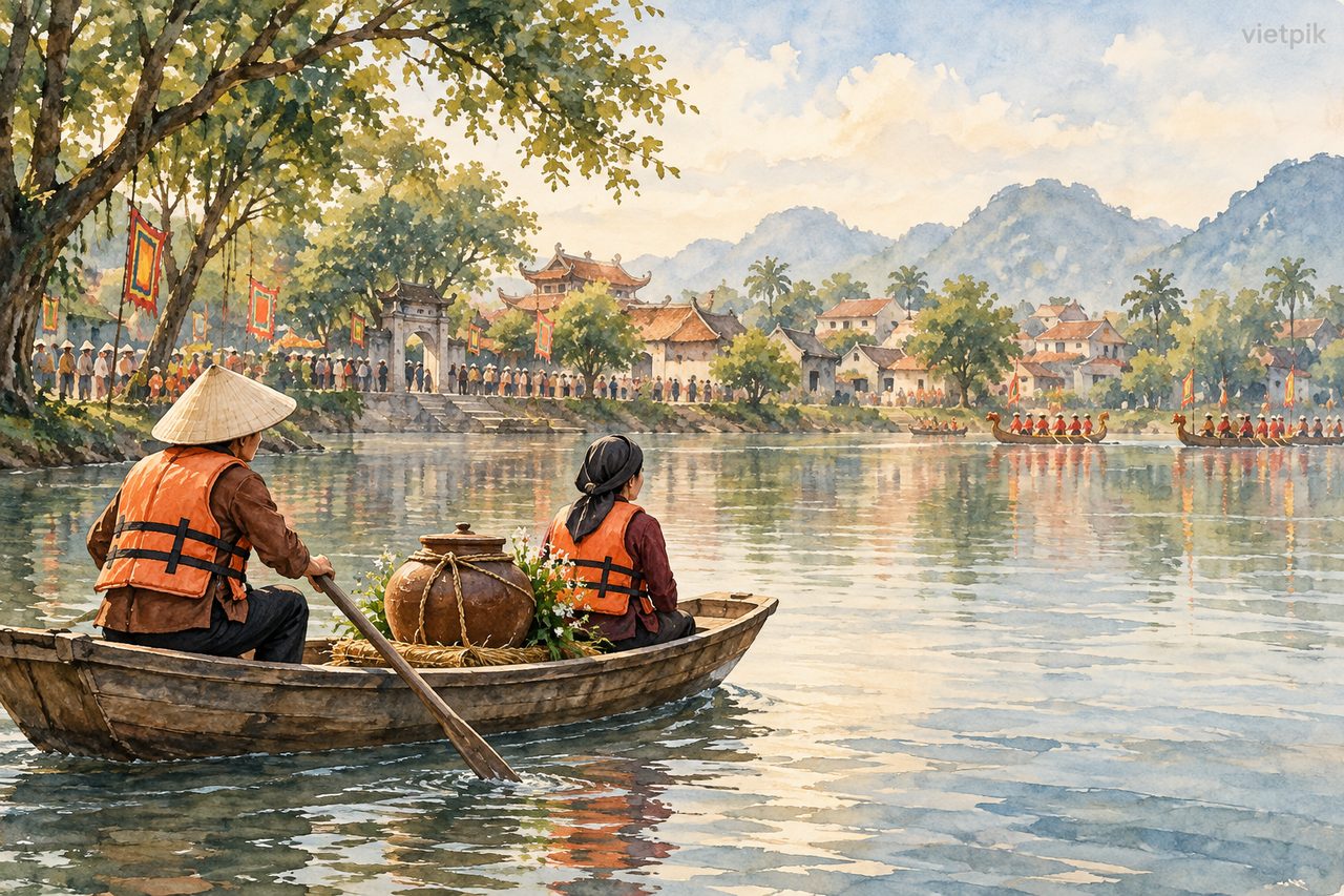 River festival concept with a boat and water jar