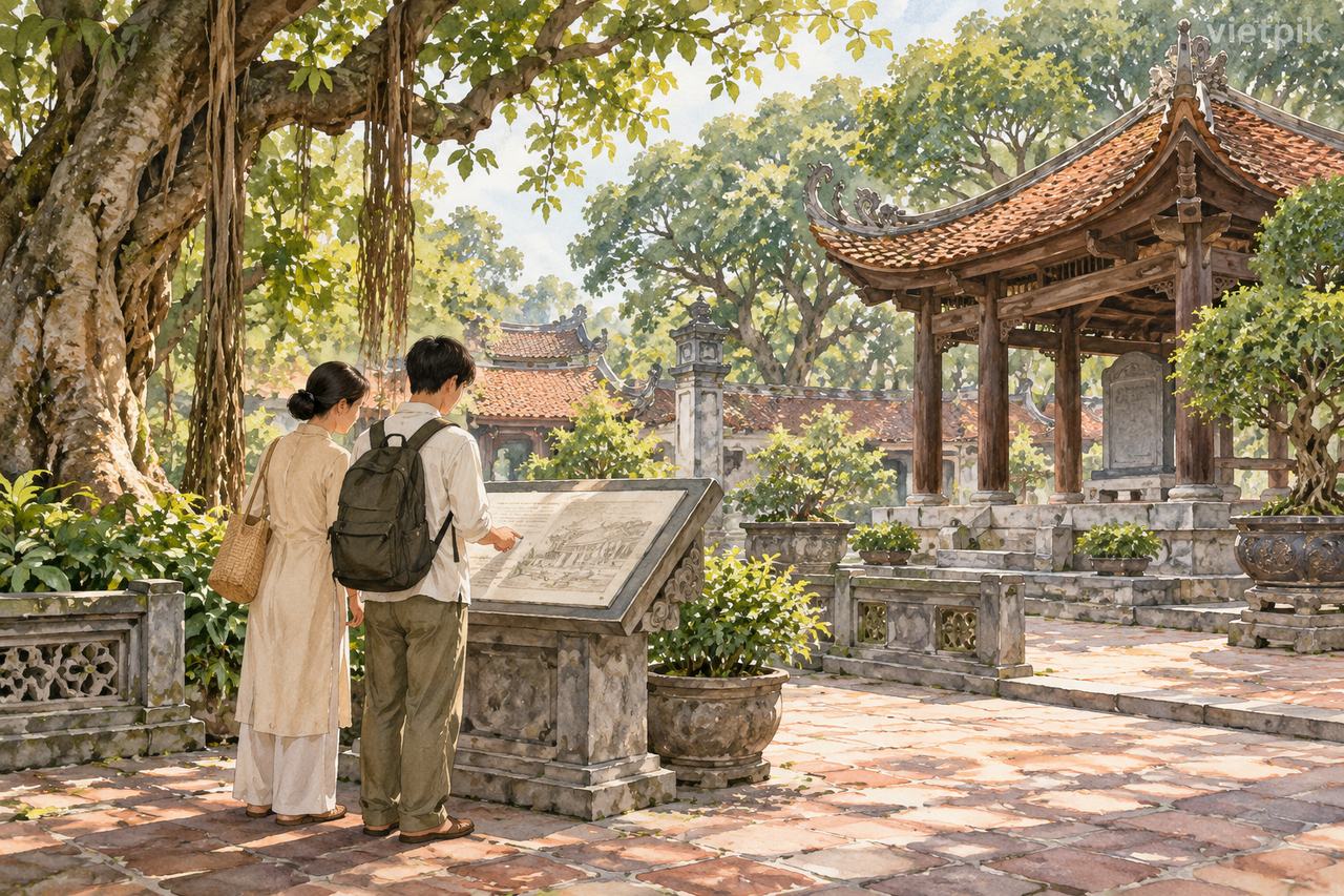 Concept of visitors learning in a shaded temple courtyard