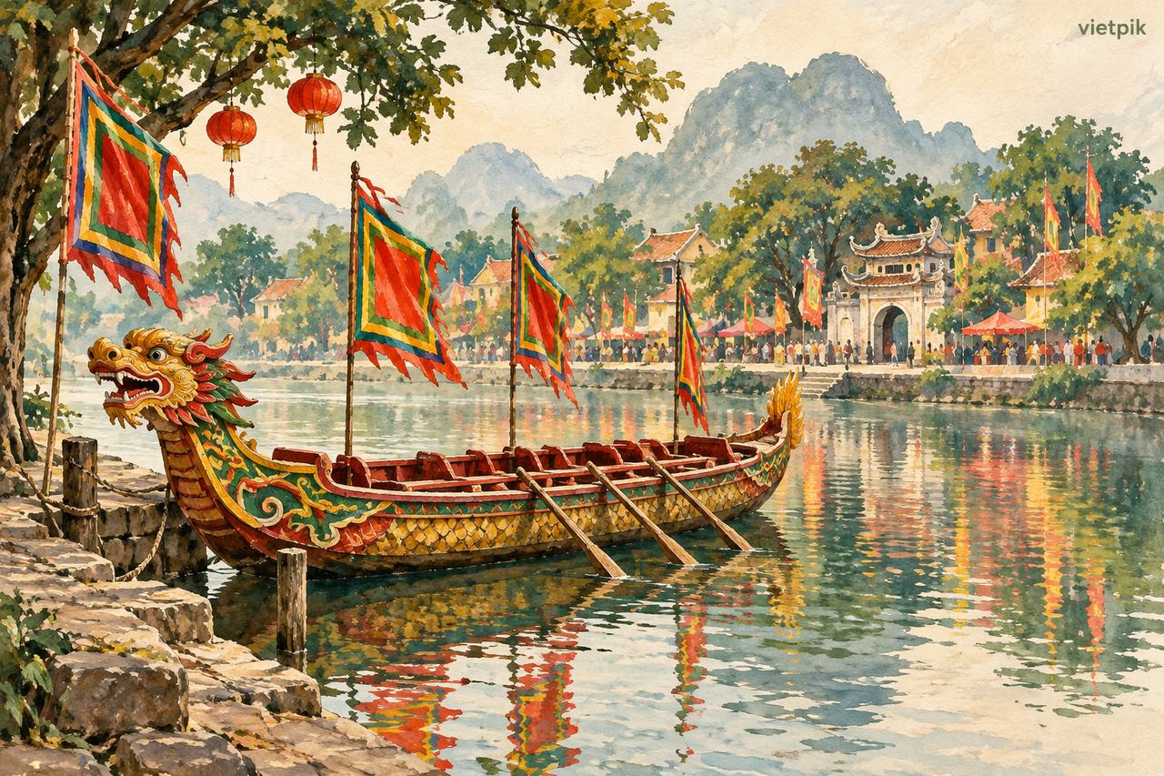 A festival-inspired boat at rest with oars and flags