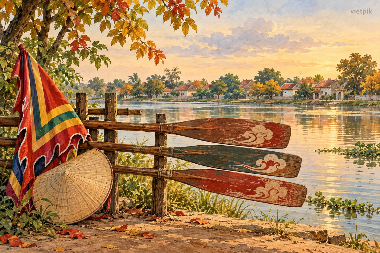 Three wooden oars, a folded flag and a conical hat by a flat riverbank