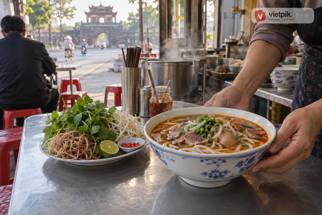 A bowl of Bún bò Huế being served with banana blossom, herbs, bean sprouts, lime and chilli at a morning noodle shop
