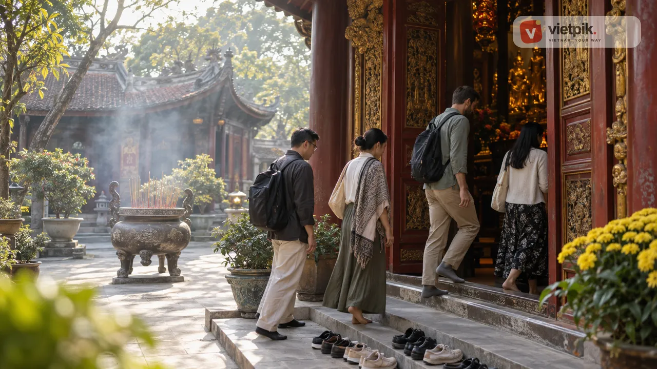 Visitors dressed modestly at the entrance to a Vietnamese pagoda